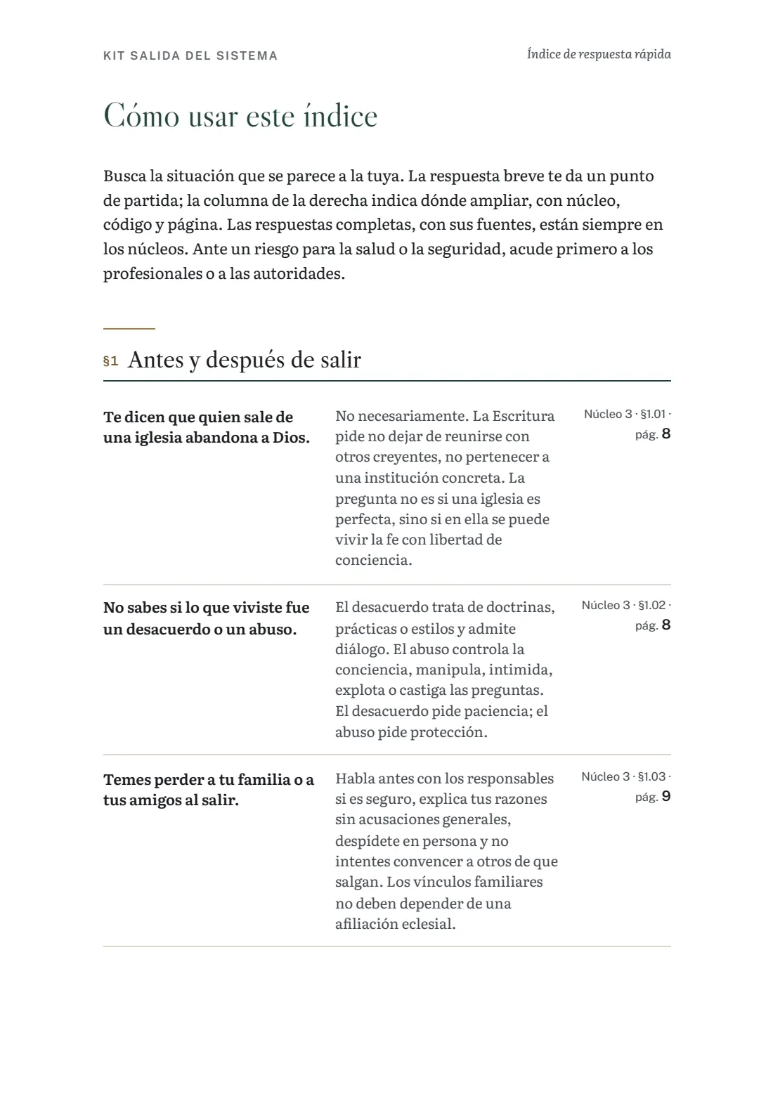 Página del índice de respuesta rápida con situaciones, respuestas y páginas