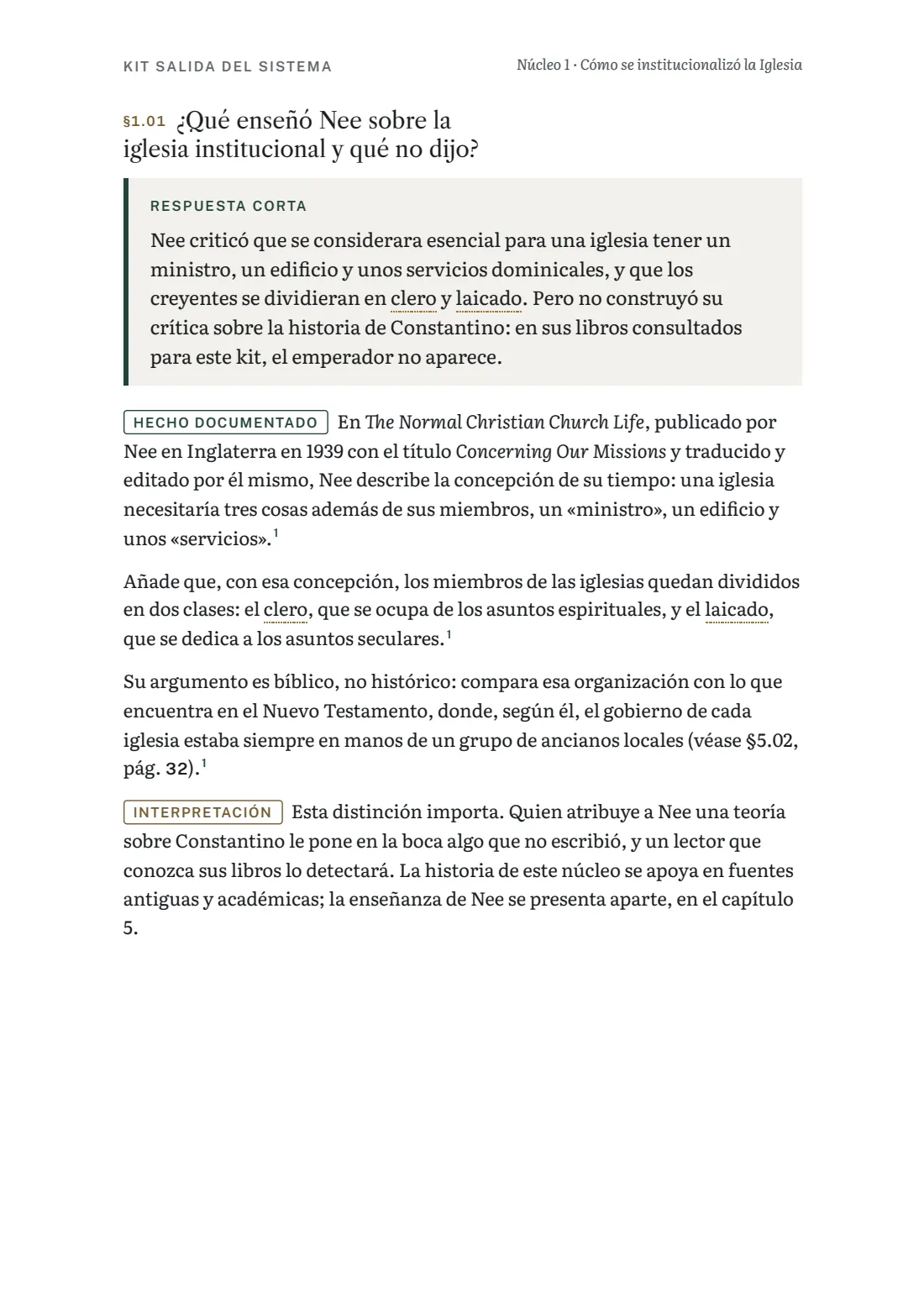 Página del núcleo 1 sobre lo que enseñó Nee y lo que no dijo